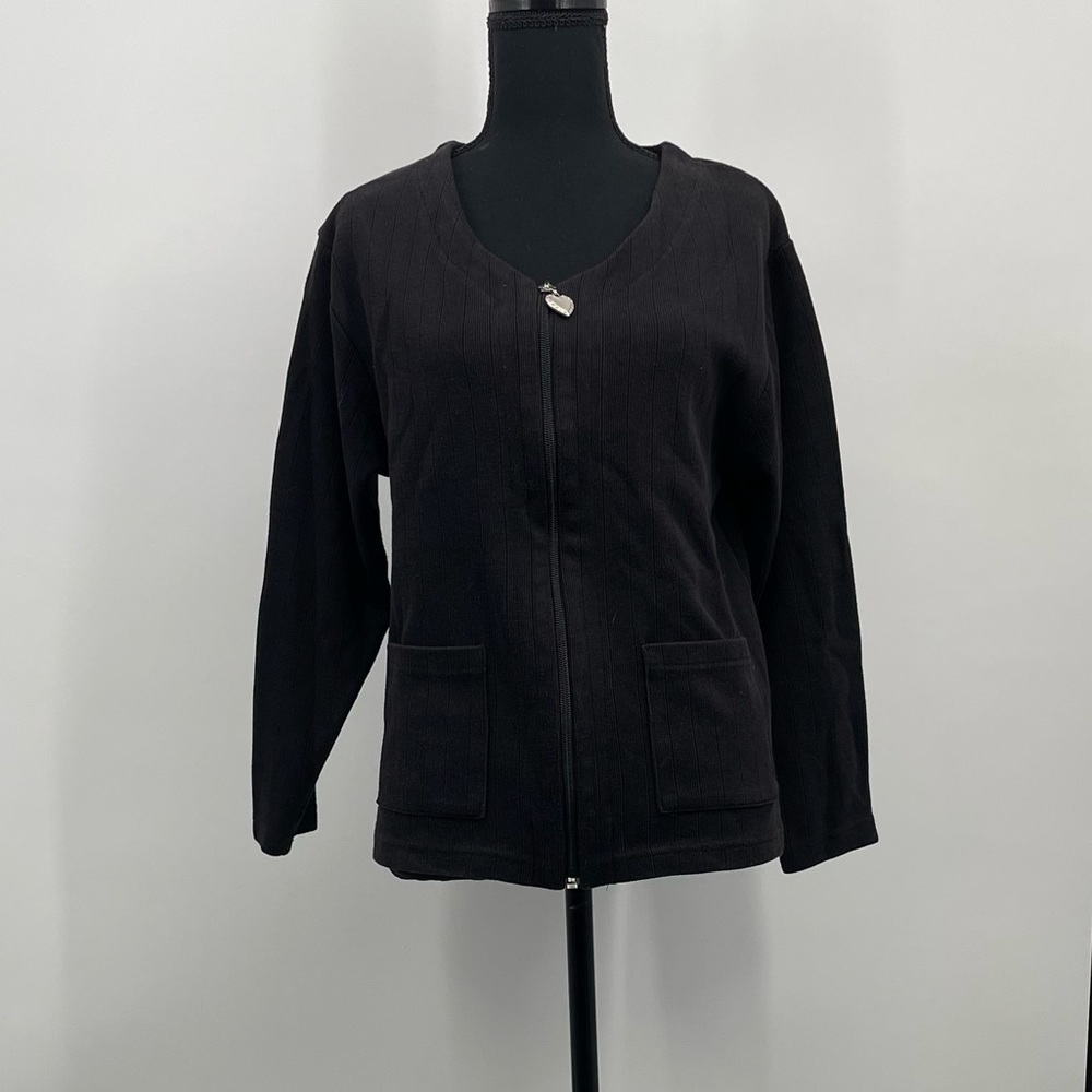 Fashion Bug Black Zip Up Sweater Knit Cardigan Heart Detail Cozy Size S